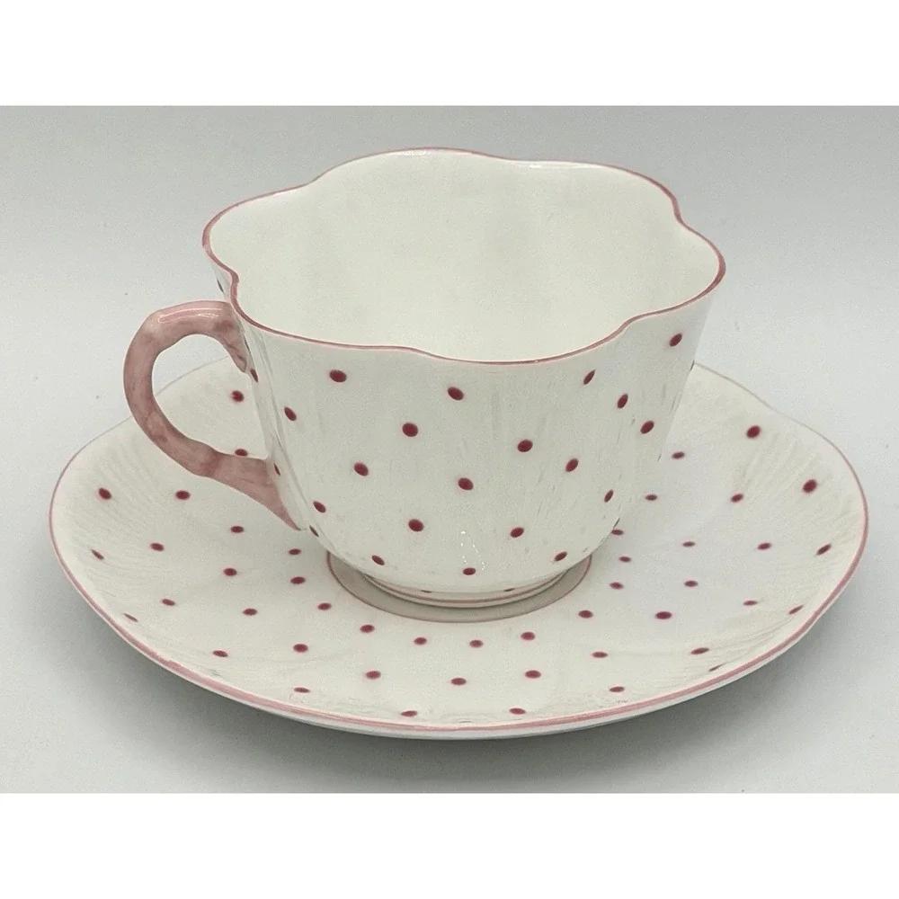 Shelley England Tea Cup Saucer Set White Pink Polka Dots Fine Bone China EUC