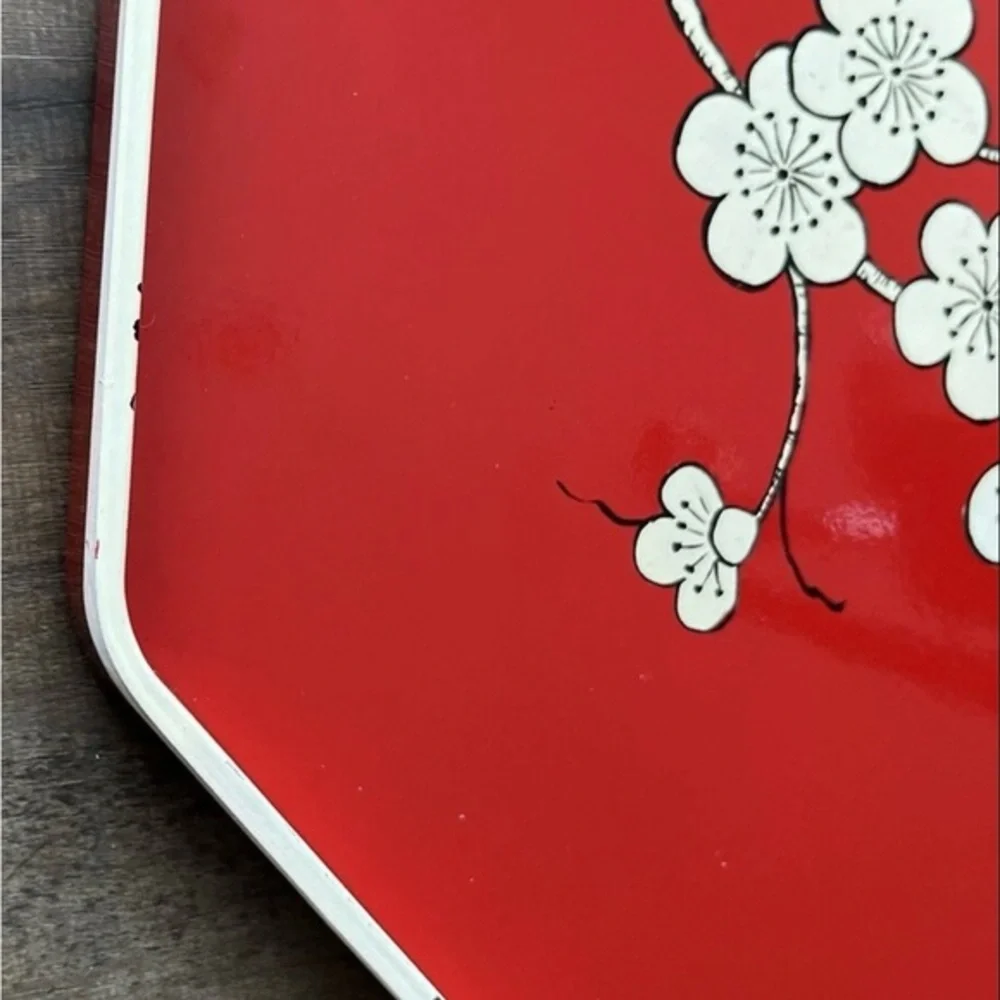 Vintage 1979 M. Kamenstein Red Cream Cherry Blossom Asian Octagonal Serving Tray