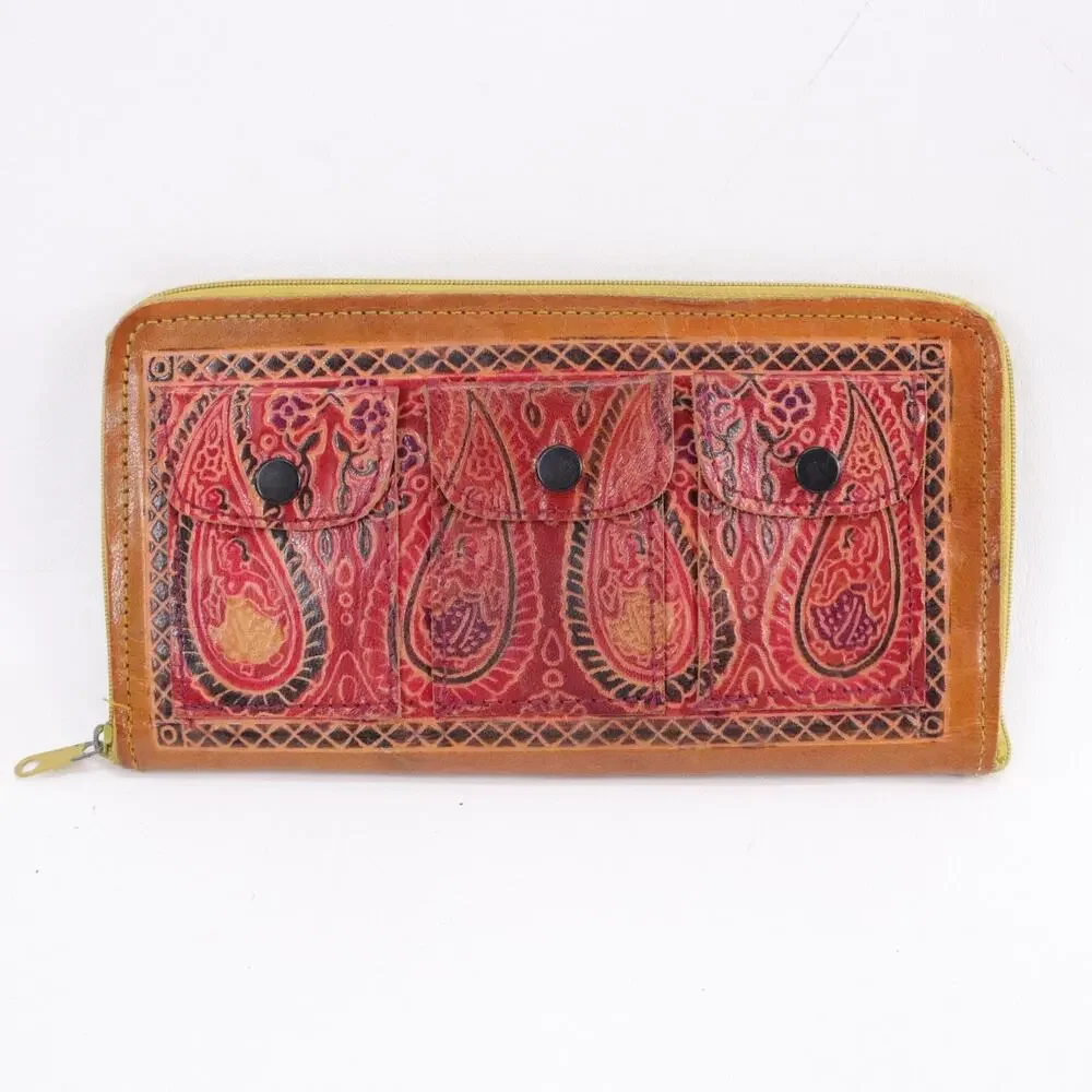 Bohemian Style Wallet Women Red Paisley Leather Tri Pocket Clutch Zip Cards
