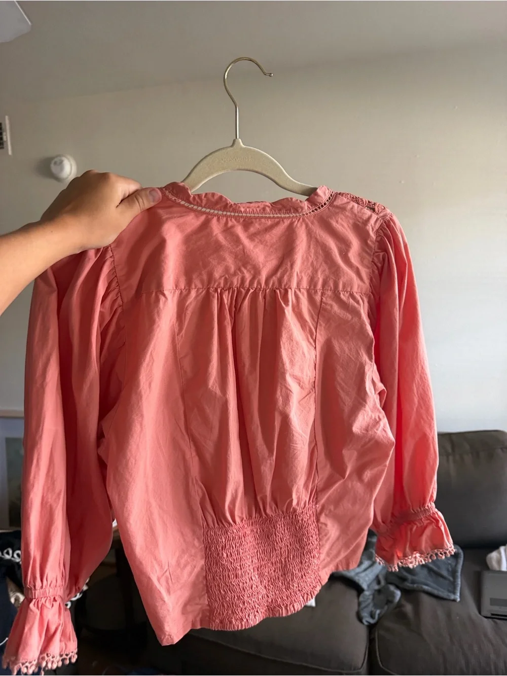 Free People Coral Lace-Trim Button Front Blouse