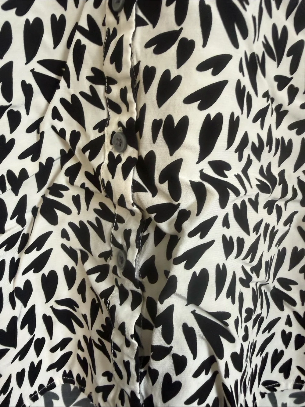 Loft Black & Cream Heart print Tie-Neck Ruffle trim Blouse size small