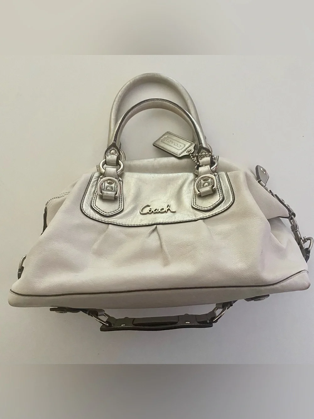 Coach Ashley Cream/Silver Leather Satchel with Convertible Straps