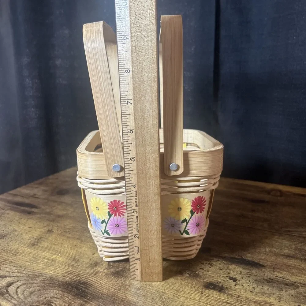 Painted Basket Double Hinge Handles Split Light Color Wood Floral Easter Spring