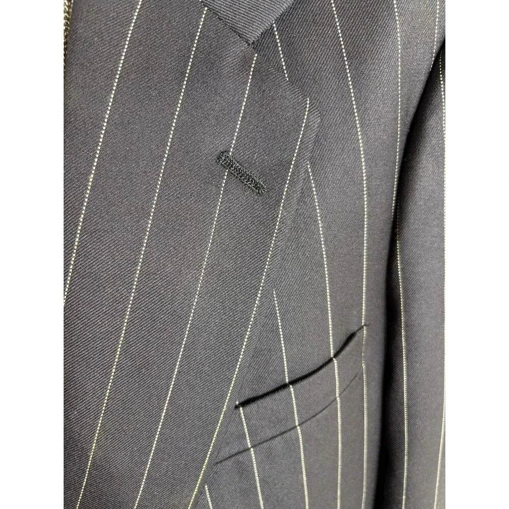 Vtg Men's 46R Holland & Sherry Navy Blue Wool Striped Bespoke Blazer USA EUC