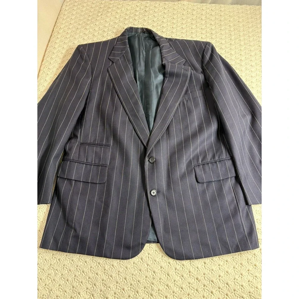 Vtg Men's 46R Holland & Sherry Navy Blue Wool Striped Bespoke Blazer USA EUC