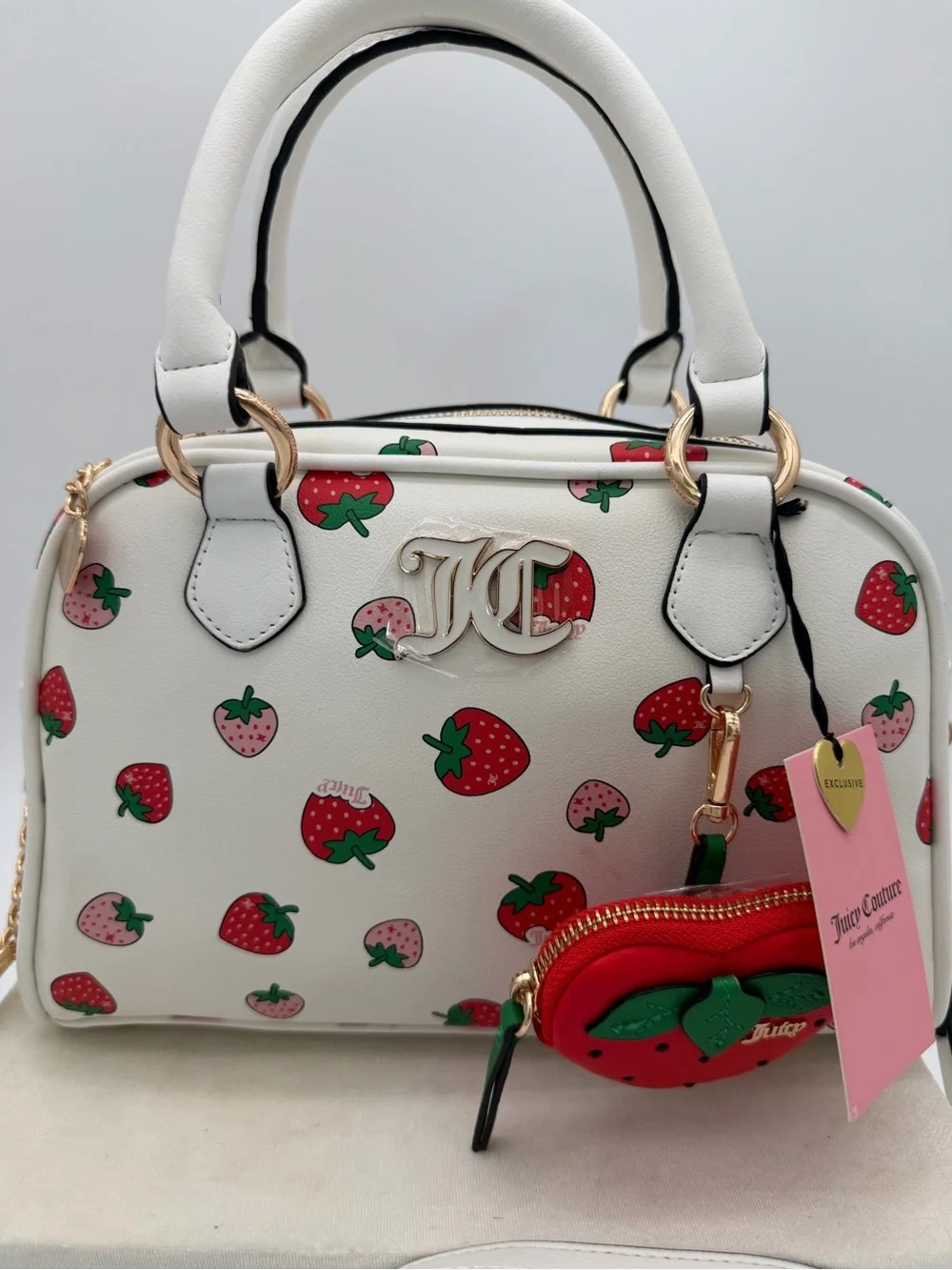 Juicy Couture White Strawberry Print Satchel with Red Strawberry Coin Pouch