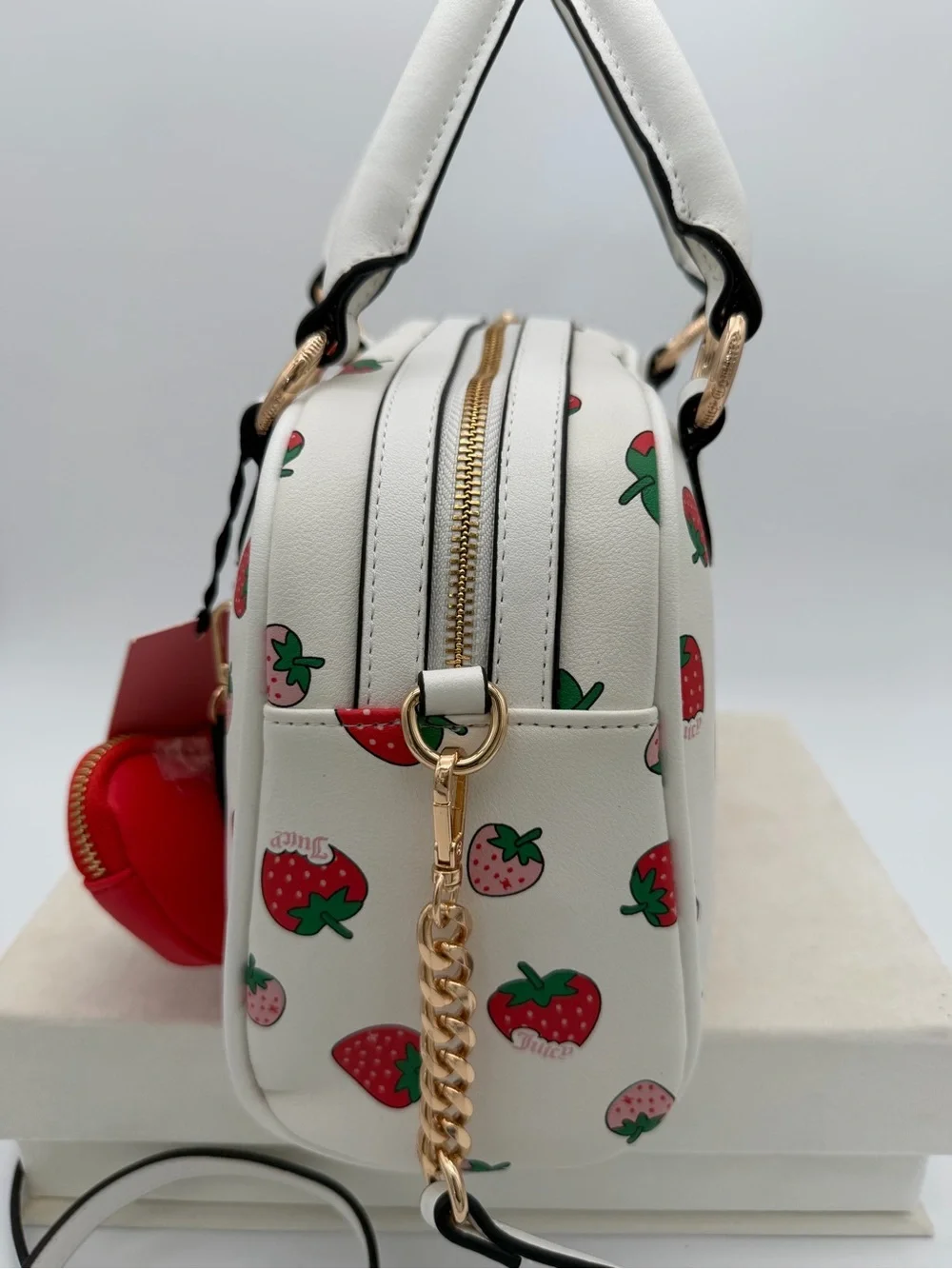 Juicy Couture White Strawberry Print Satchel with Red Strawberry Coin Pouch