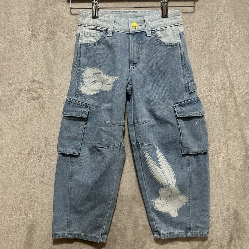 Justice Looney Tunes Barrel Jeans Youth‎ Size 6 Light Wash Cargo Denim