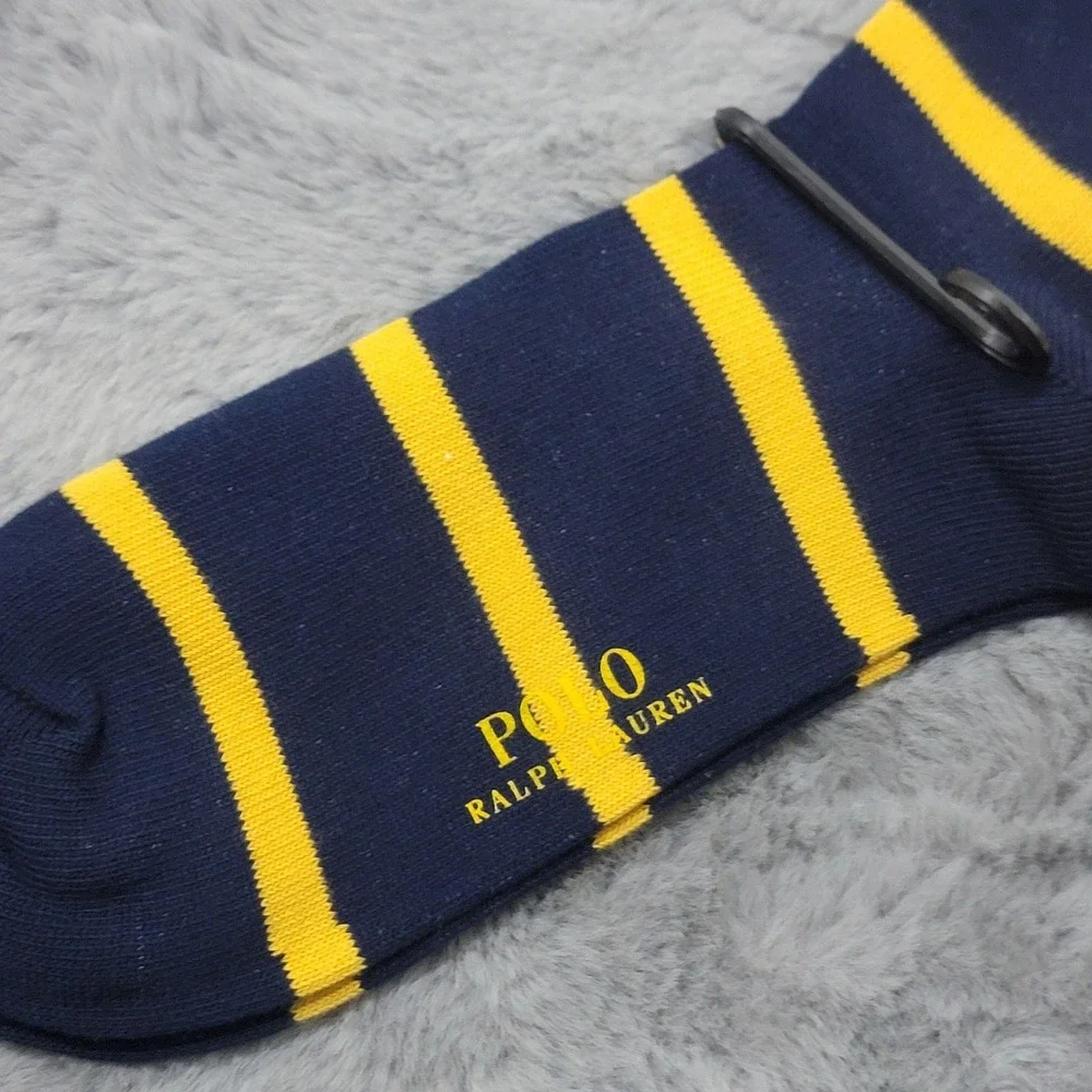 Polo Ralph Lauren Socks Mens One Size Navy Yellow Rugby Stripe Lion Crest Crew