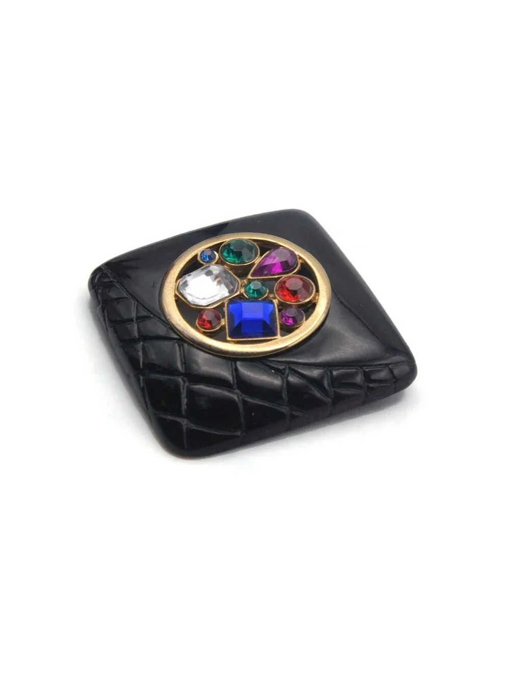 1980s Vintage Black Plastic and Colorful Rhinestones Brooch.