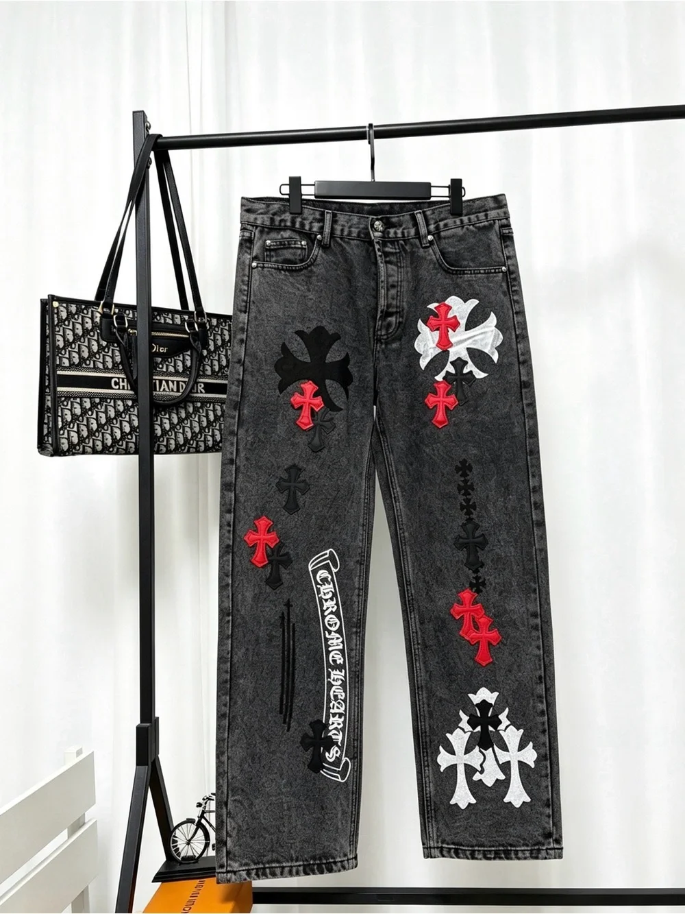 Chrome Hearts Black Acid-Wash Jeans with Red & White Crosses