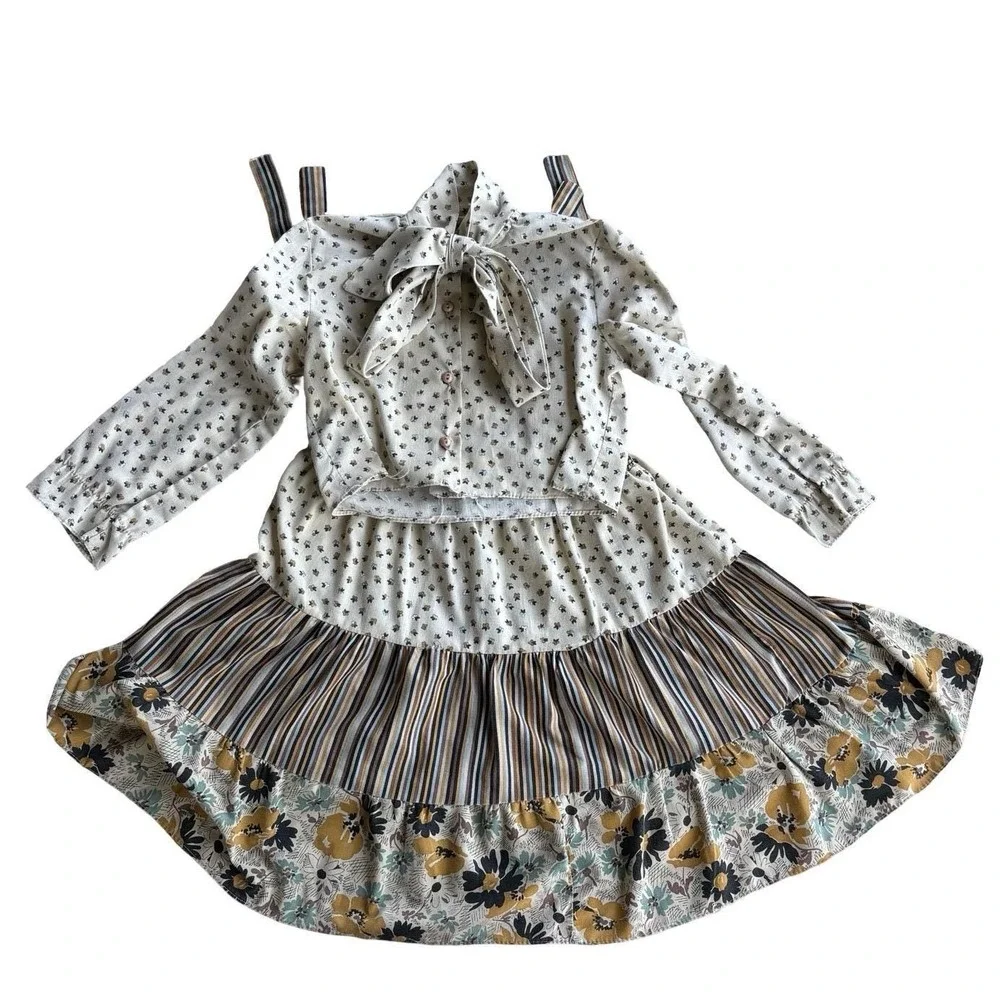 Vintage Girls Floral Tiered Smocked Dress and Bow Blouse Set Boho Mixed‎ Print