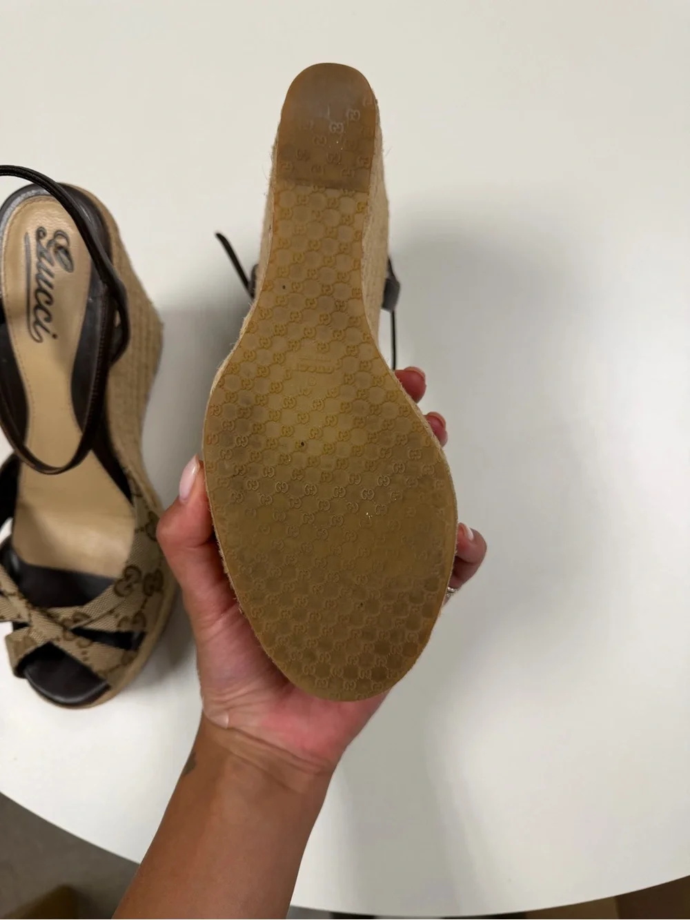 Gucci Beige/Brown Monogram Espadrille Wedge Sandals