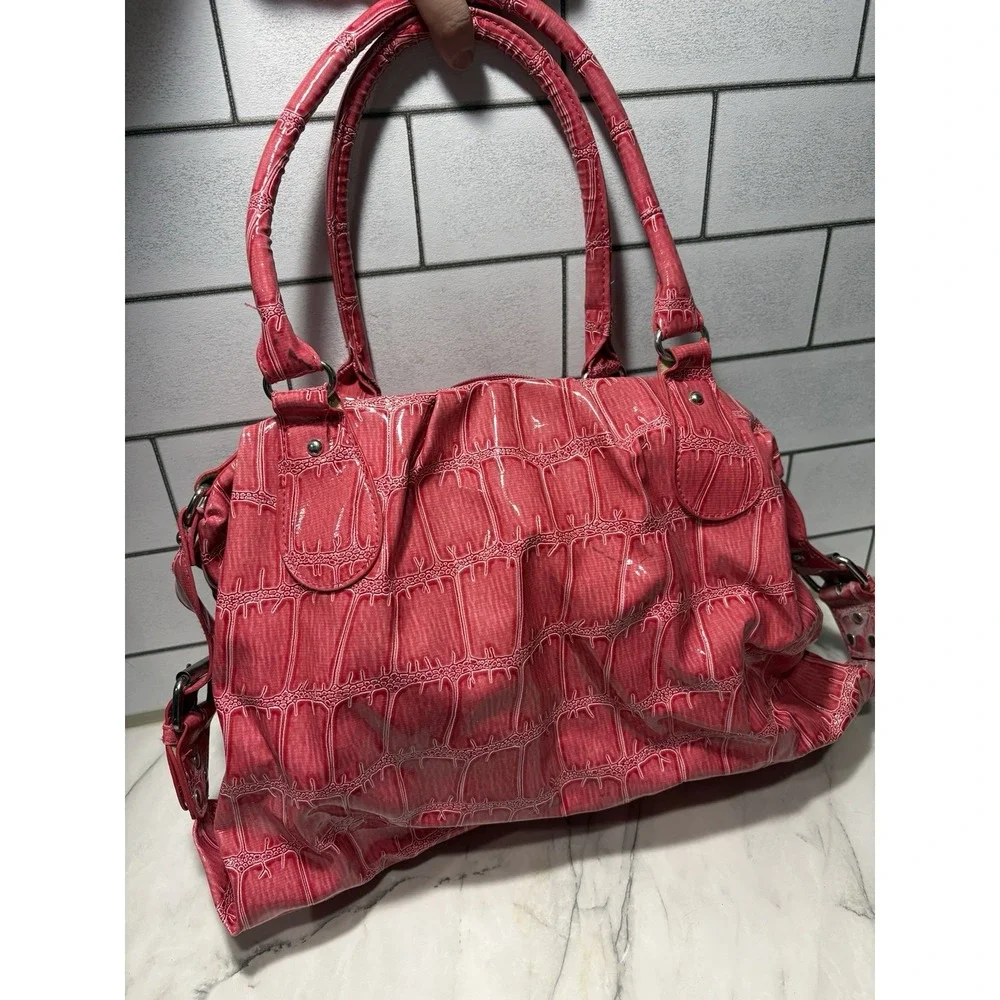 Chateau Pink Croc Embossed Patent Faux Leather Satchel Shoulder Bag Y2K
