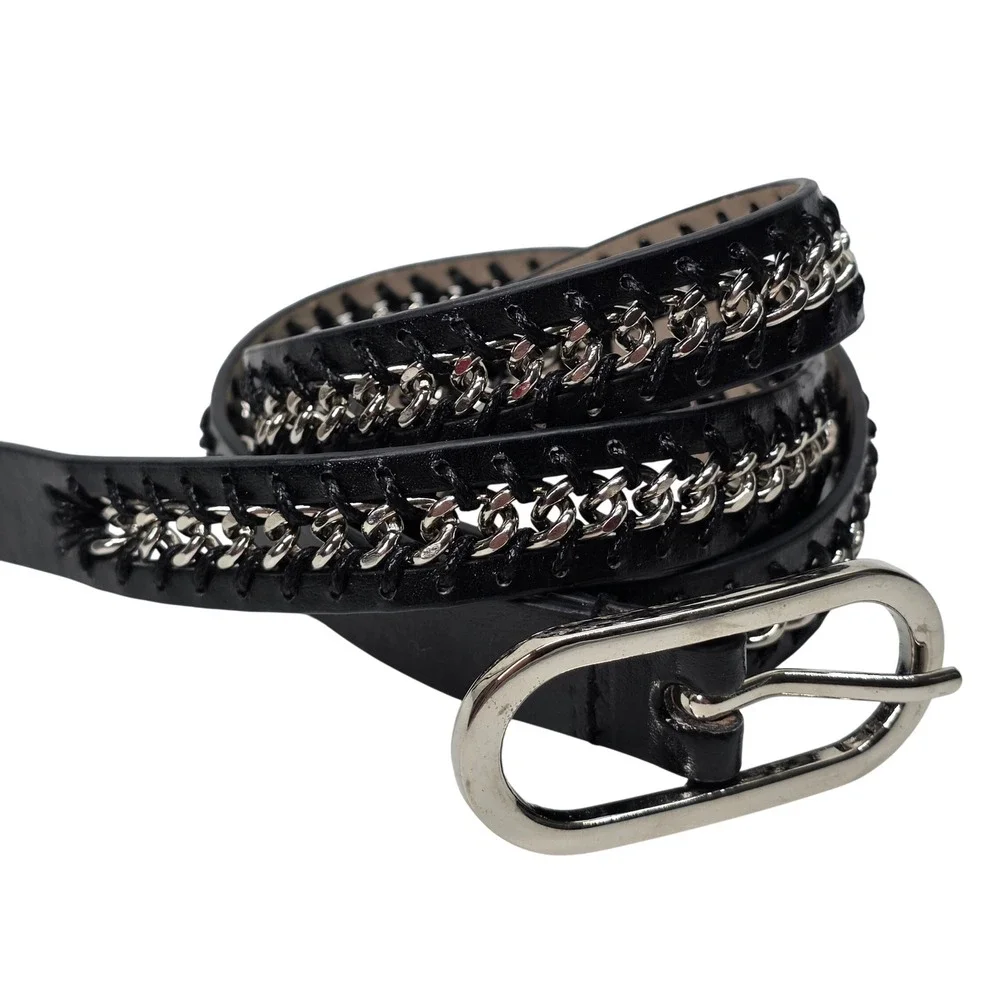 Vintage Nine West Belt Woven Black Silver Chain Skinny 310004 Large 90s Y2K Moto