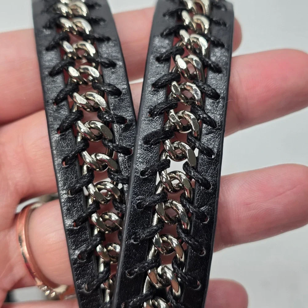 Vintage Nine West Belt Woven Black Silver Chain Skinny 310004 Large 90s Y2K Moto