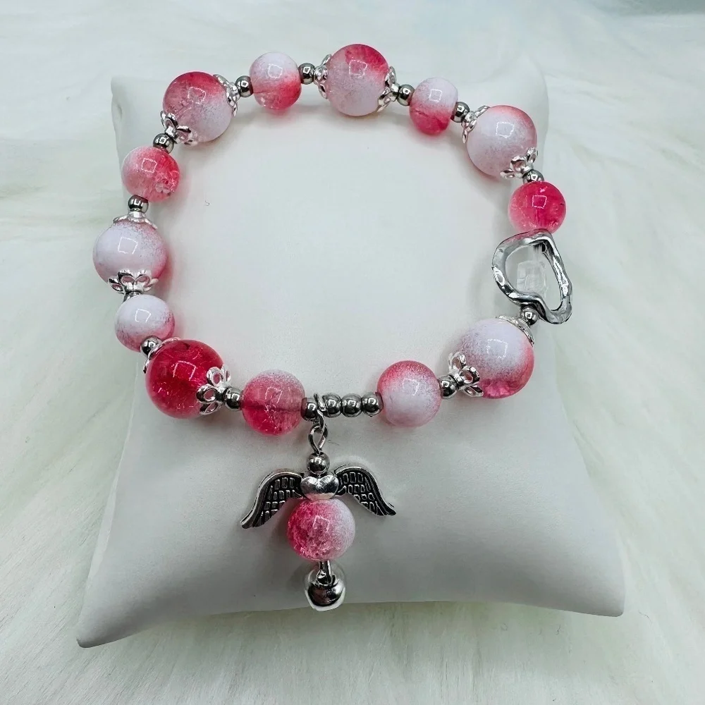 Pink  Beaded w/ Angel Charm Bracelet - Small wrists