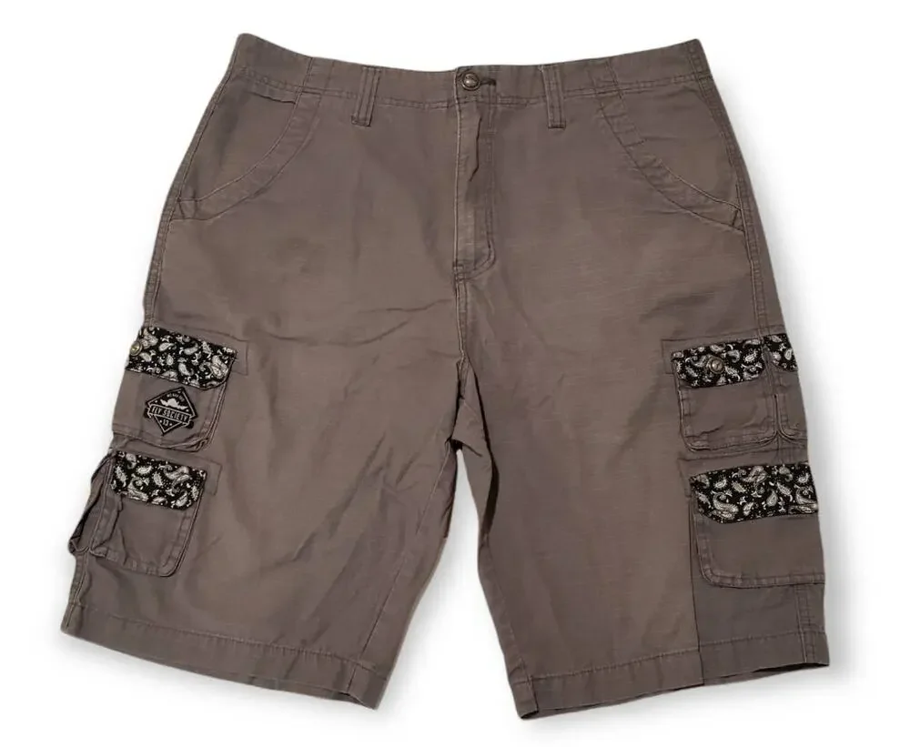 Fly Society Gray w. Black & White Floral Trim Multi Pocket Cargo Shorts Size 34