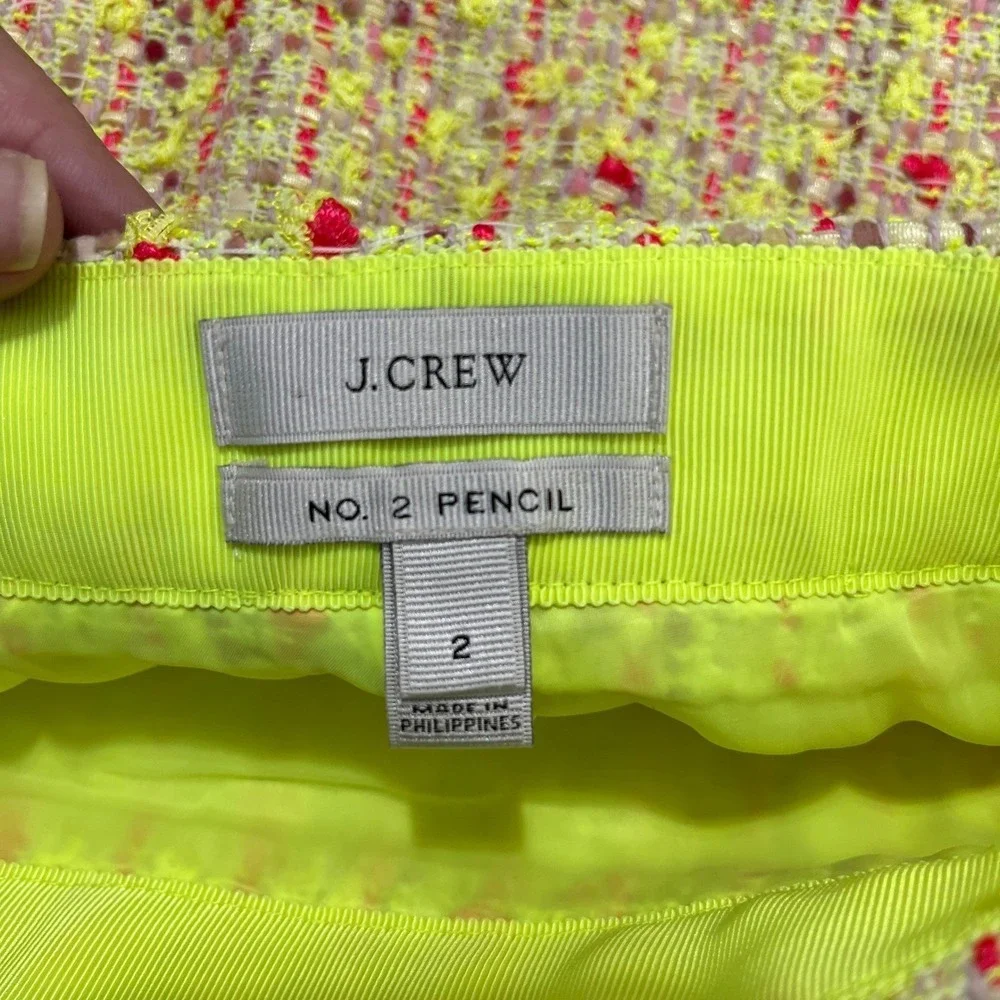 J. Crew No. 2 Pencil Yellow‎ Pink Tweed Career Office Eccentric Skirt Womens 2