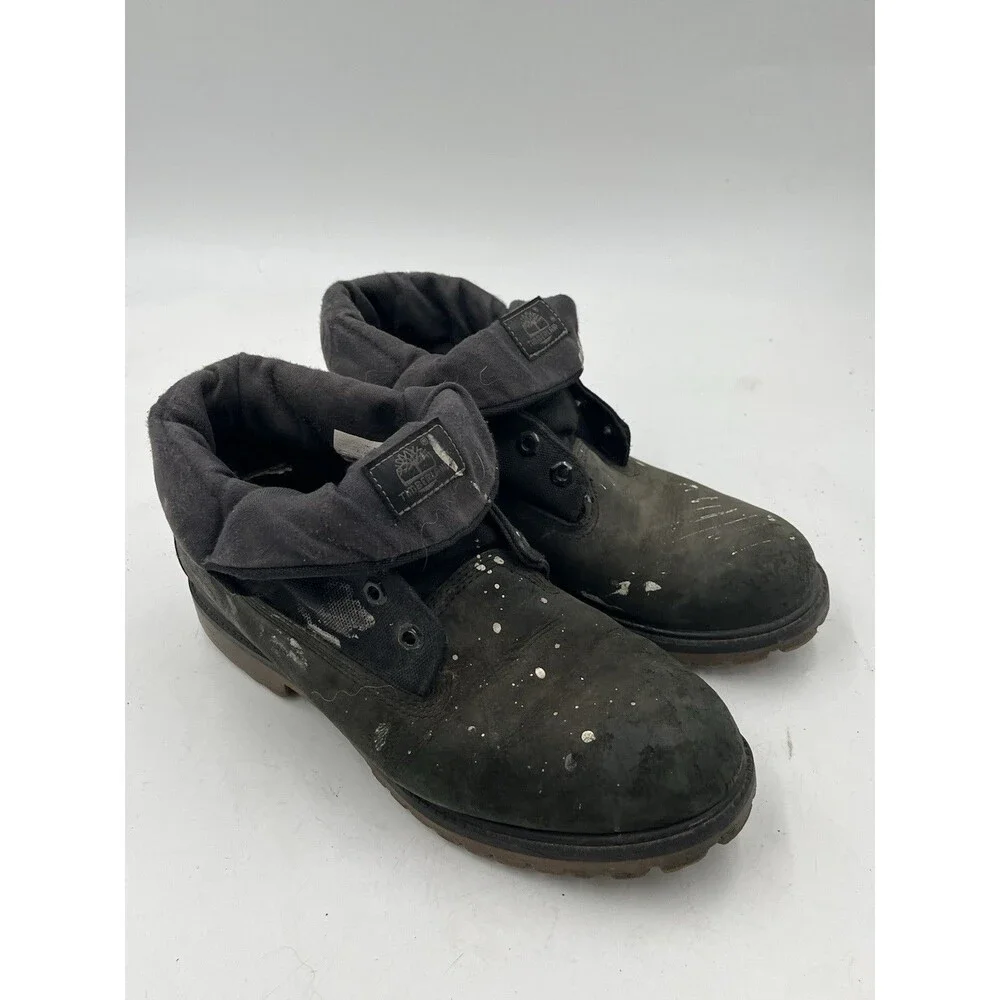 Timberland Mens Black Roll Top Leather Boots Size 8 Lace Up Work Boots