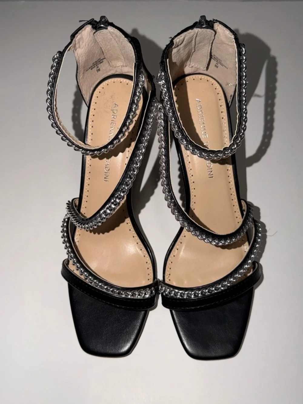 Adrienne Vittadini Black Chain-Trim Strappy Heels