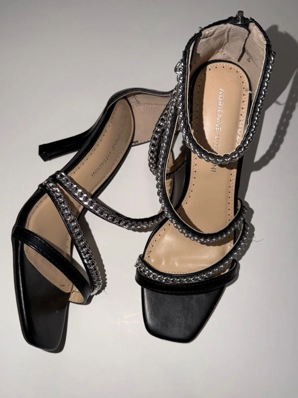 Adrienne Vittadini Black Chain-Trim Strappy Heels