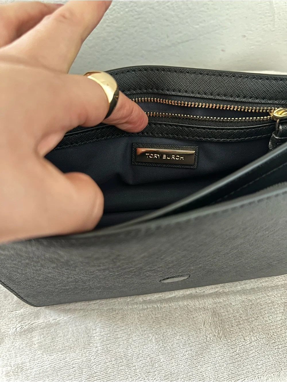 Black Leather Shoulder Bag with Gold Chain Strap