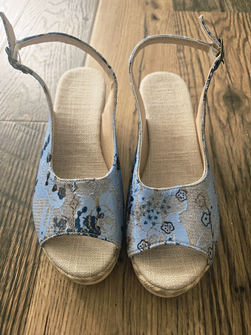 Light Blue Floral Slingback Wedge Sandals