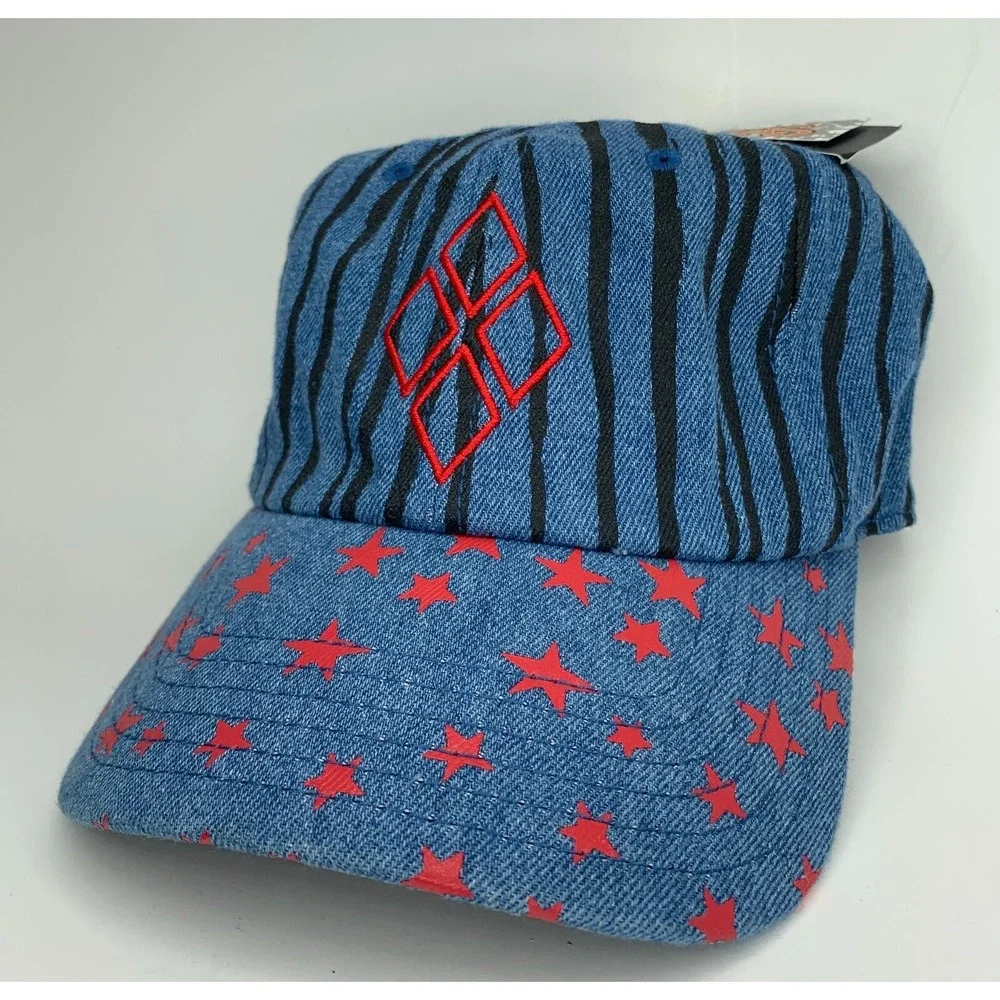 Birds of Prey Hat Harley Quinn Blue Denim Red Stars Diamonds Ball Cap New w/ Tag