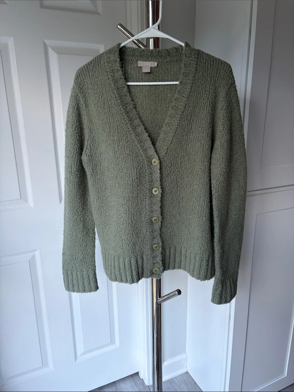 J. Crew Olive Green V-Neck Button Cardigan, Size M.