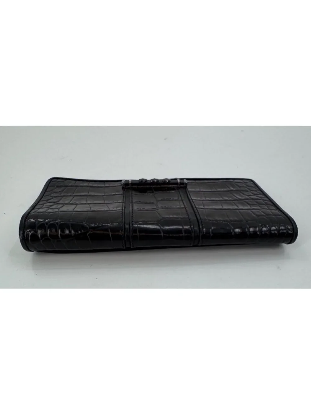 Brighton Black Crocodile Embossed Leather Checkbook Wallet Heart Silver Bar