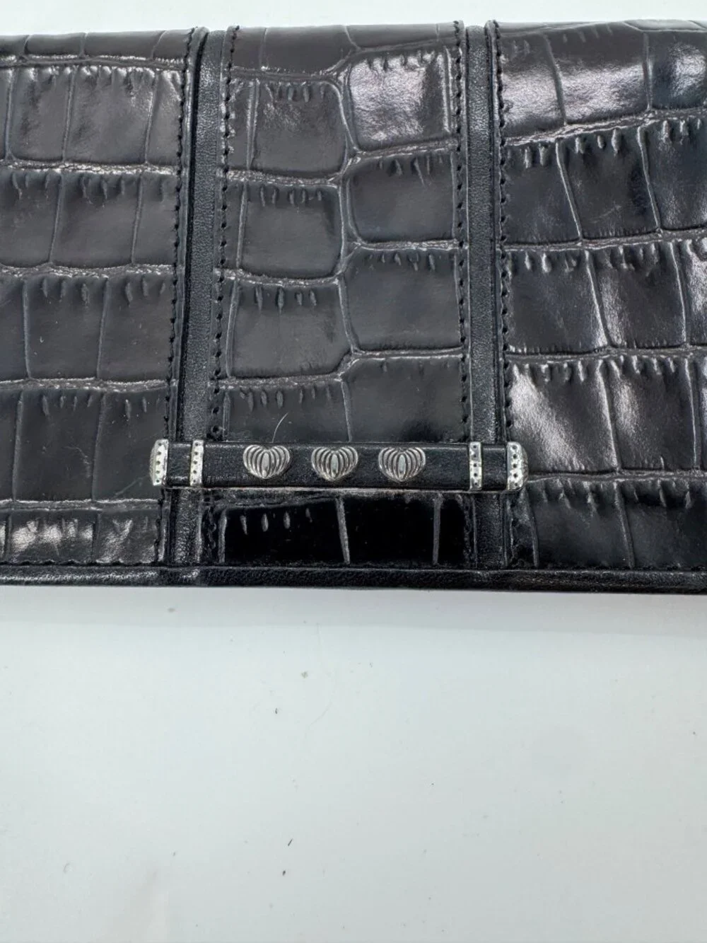 Brighton Black Crocodile Embossed Leather Checkbook Wallet Heart Silver Bar