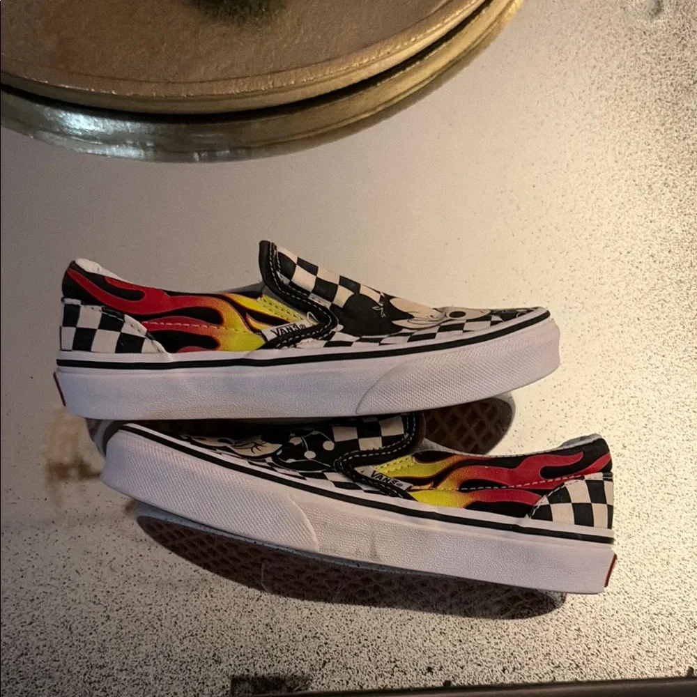Vans Kids Slip-On Sneakers — Black, White & Yellow Flame Mickey/Minnie
