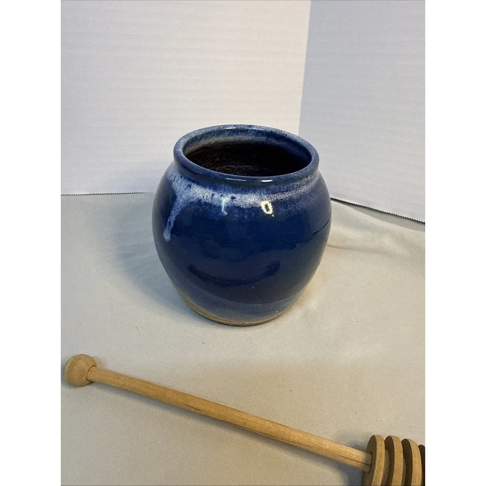 Vintage Butler Studio Art Pottery Honey Pot Jar w/ Wood Dipper Blue Glaze Signed