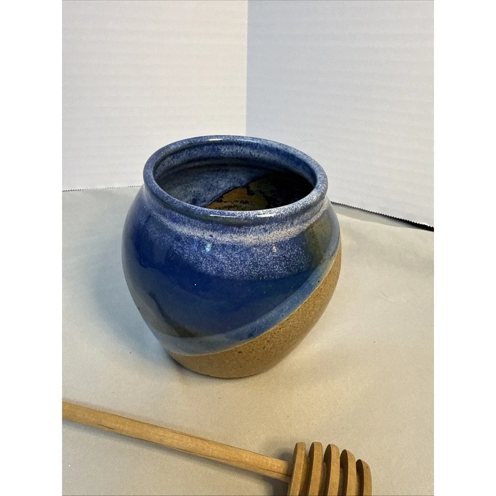 Vintage Butler Studio Art Pottery Honey Pot Jar w/ Wood Dipper Blue Glaze Signed
