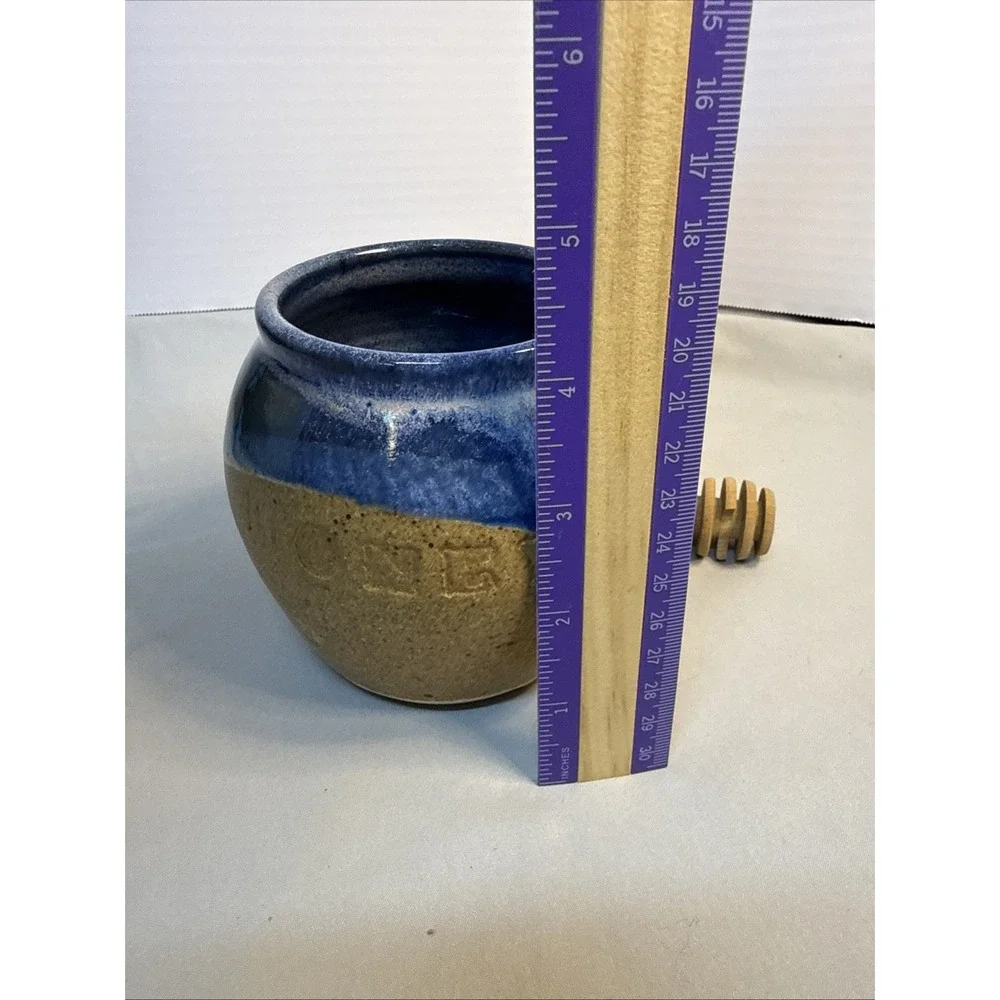 Vintage Butler Studio Art Pottery Honey Pot Jar w/ Wood Dipper Blue Glaze Signed