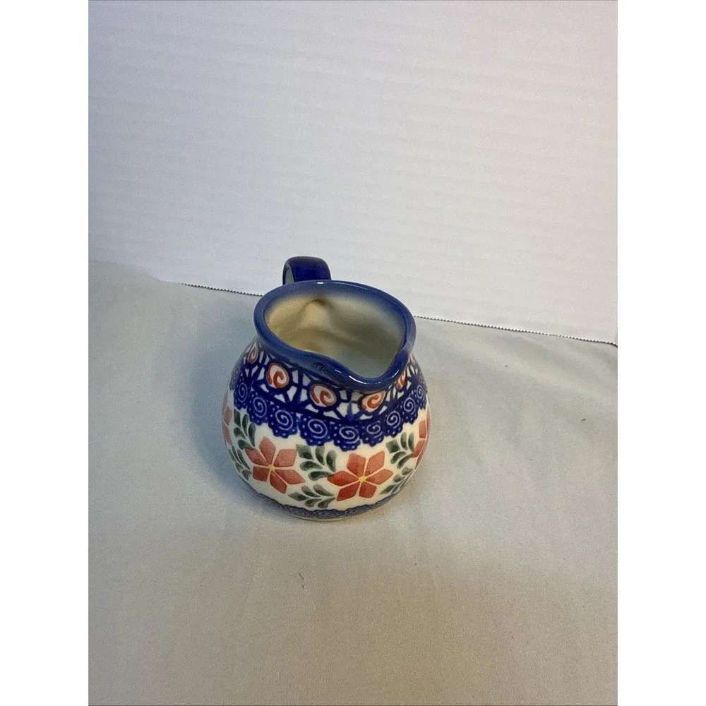 ANDAF Polish Pottery UNIKAT Creamer Pitcher Orange Floral Geometric Mosaic