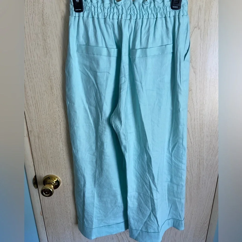 SHORE Brand Aqua Sea Glass Blue Linen Blend Blazer and Cropped Wide Leg Pants XS