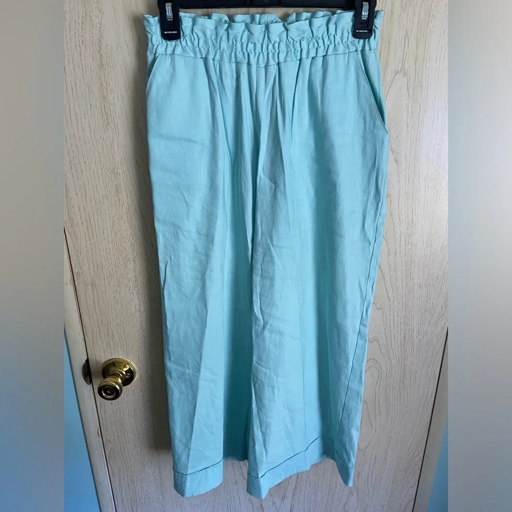 SHORE Brand Aqua Sea Glass Blue Linen Blend Blazer and Cropped Wide Leg Pants XS