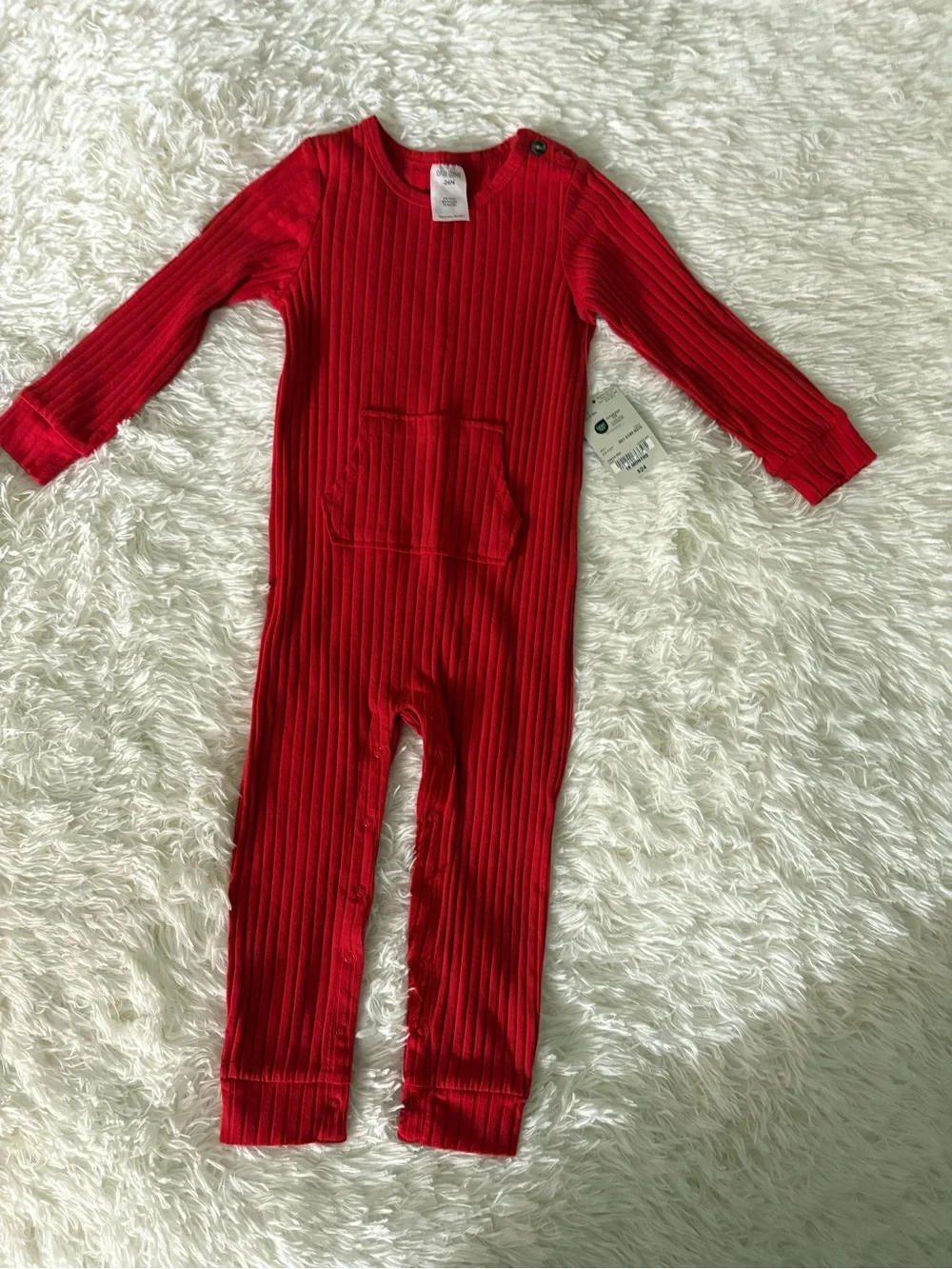 okie dokie Red Ribbed One-Piece Footie with Front Pocket