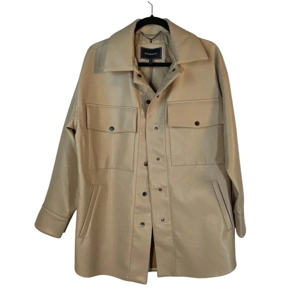 BCBGMAXAZRIA Faux Leather‎ Shacket Shirt Jacket Latte Beige
