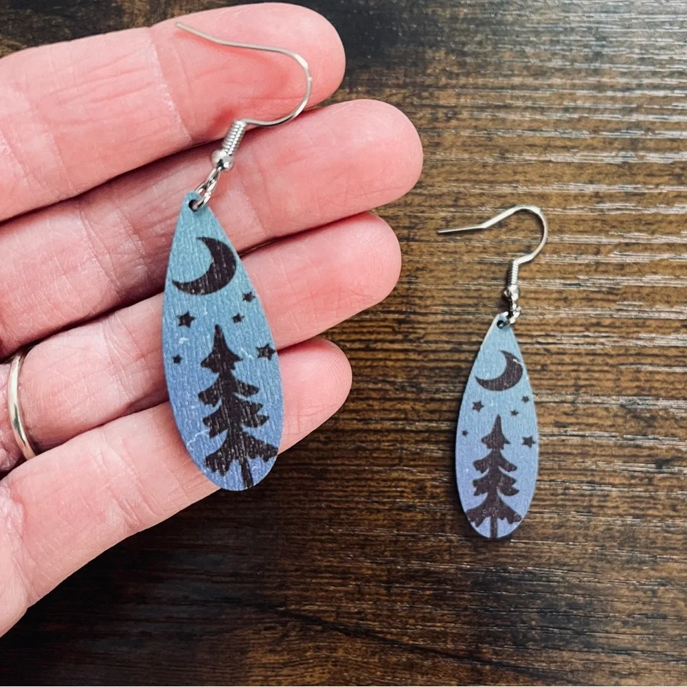 🟢 FREE WITH ANY PURCHASE OVER $10. Pine Tree Star Moon Earrings Wood Blue, Black