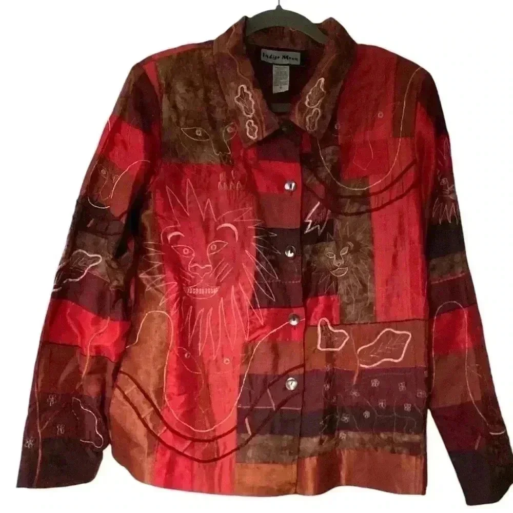 Indigo Moon Patcgwork Lion stitching Ling Sleeve Jacket Size Small Oversized Red