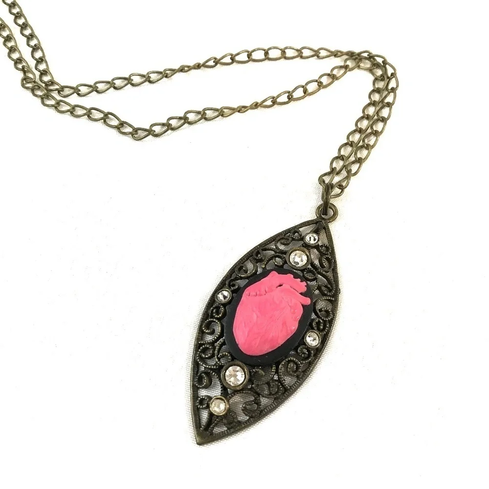 Bronze Jeweled Anatomical Heart Necklace​​