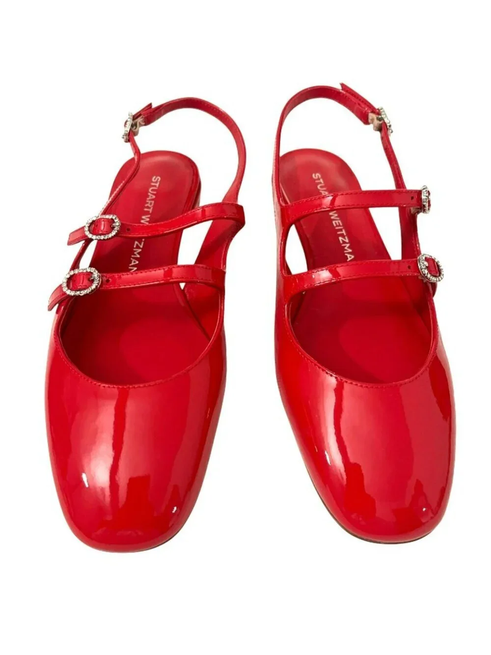 Stuart Weitzman $475 Claris Red Patent Leather Rhinestone Slingback 7.5 NEW