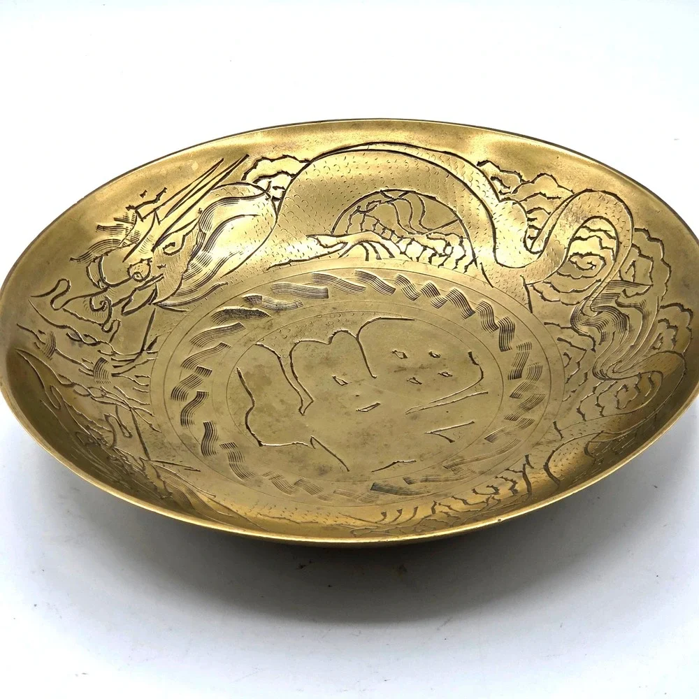 Vintage Solid Brass‎ Double Dragon Bowl 9