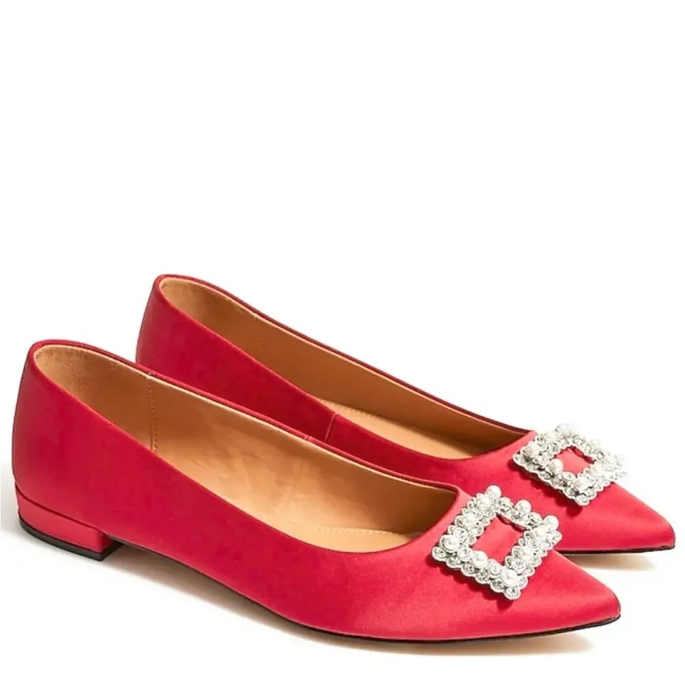 J crew new with box crystal embellished red satin point toe flats