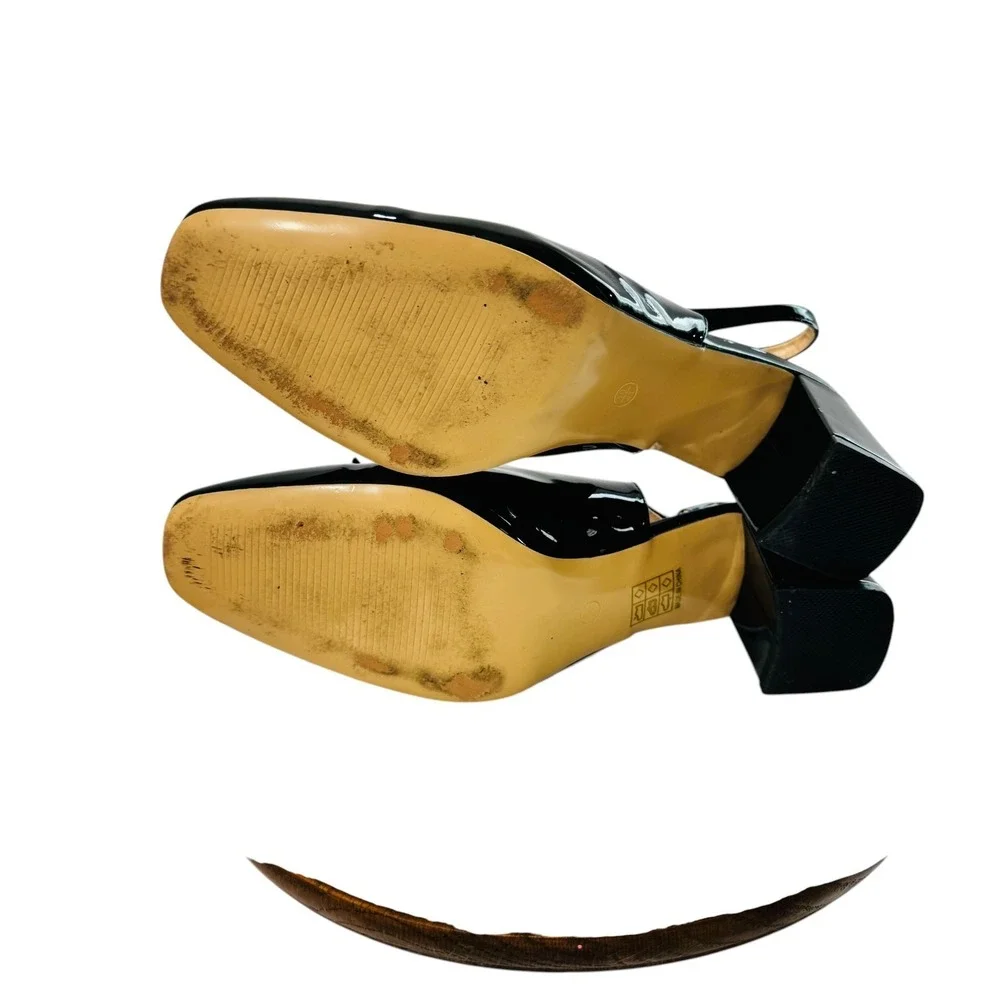 Bat Witchy Preppy Patent‎ Leather Slingback Square Toe Pumps 10 Block Heel Black