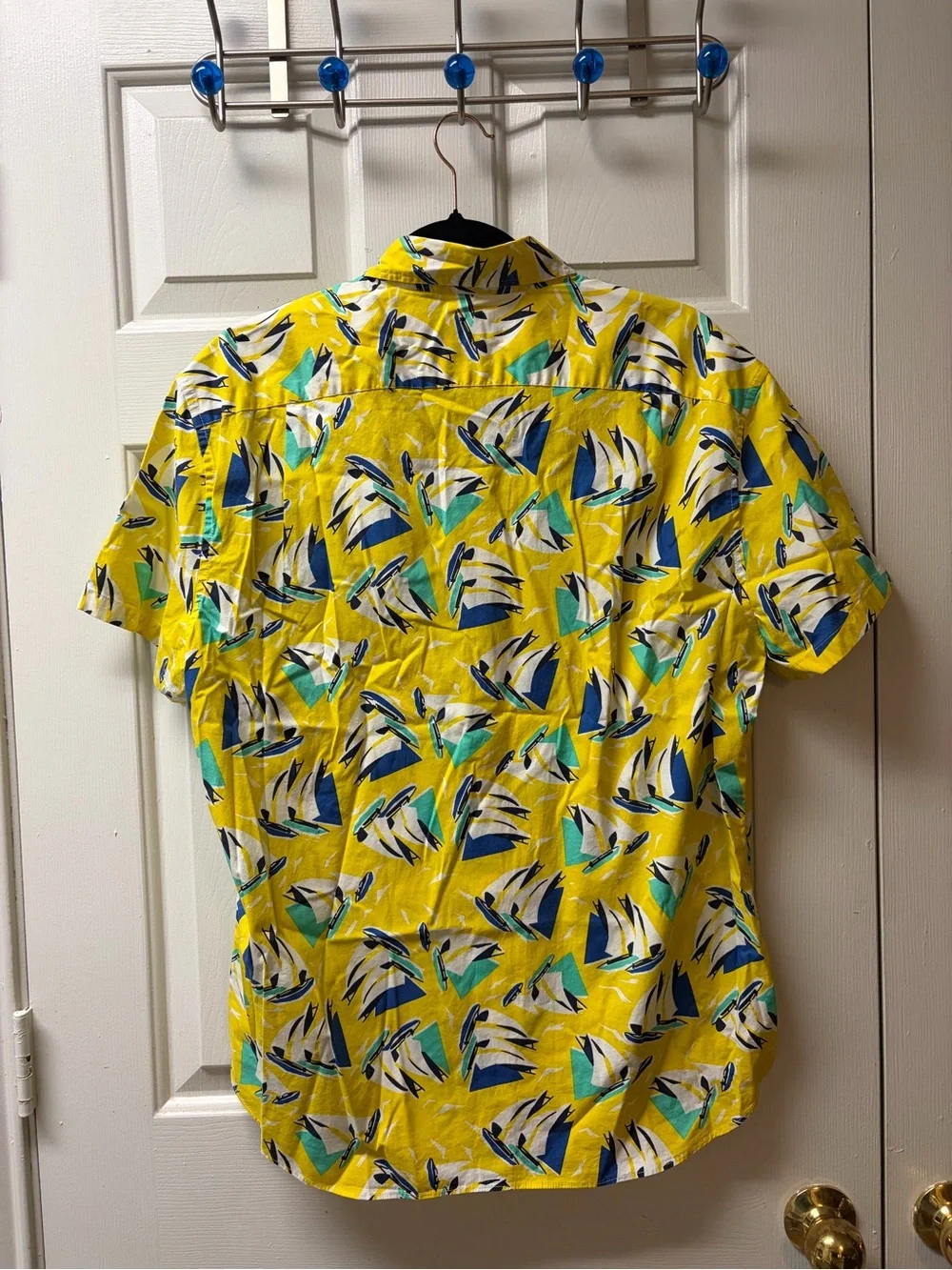 J. Crew Yellow Sailboat-Print Short Sleeve Button-Down Shirt