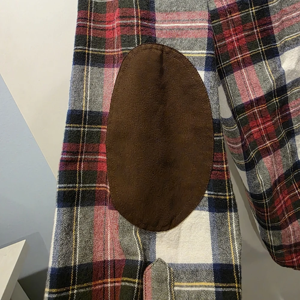J. Crew Plaid Flannel Shirt Red Green Mens Elbow Patches Rugged Vintage M Gorpco